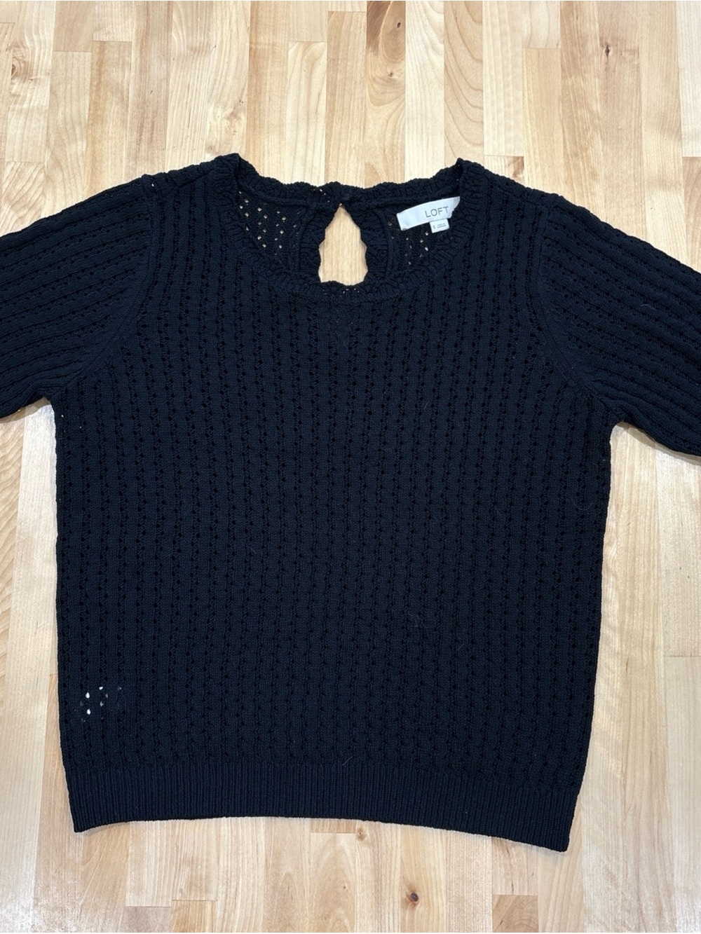 Ann Taylor Loft Shirt Sleeve Pointelle Crochet Black Cotton Sweater Women's S